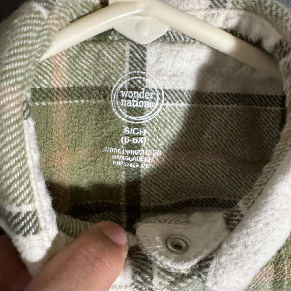 Wonder Nation Flannel Jacket Girls Size 6-6x Plaid Green 100% Cotton